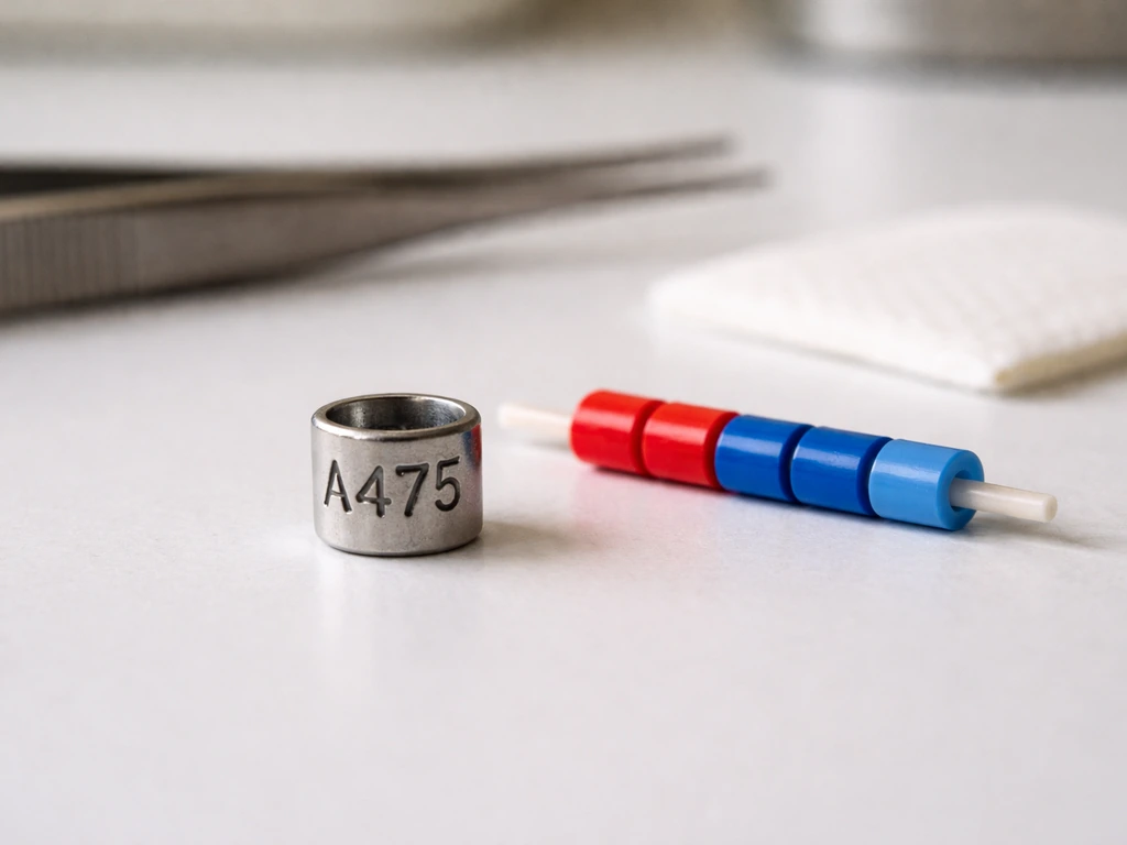 Macro view of a bird band and colored bands on a clean surface with markings clearly visible.