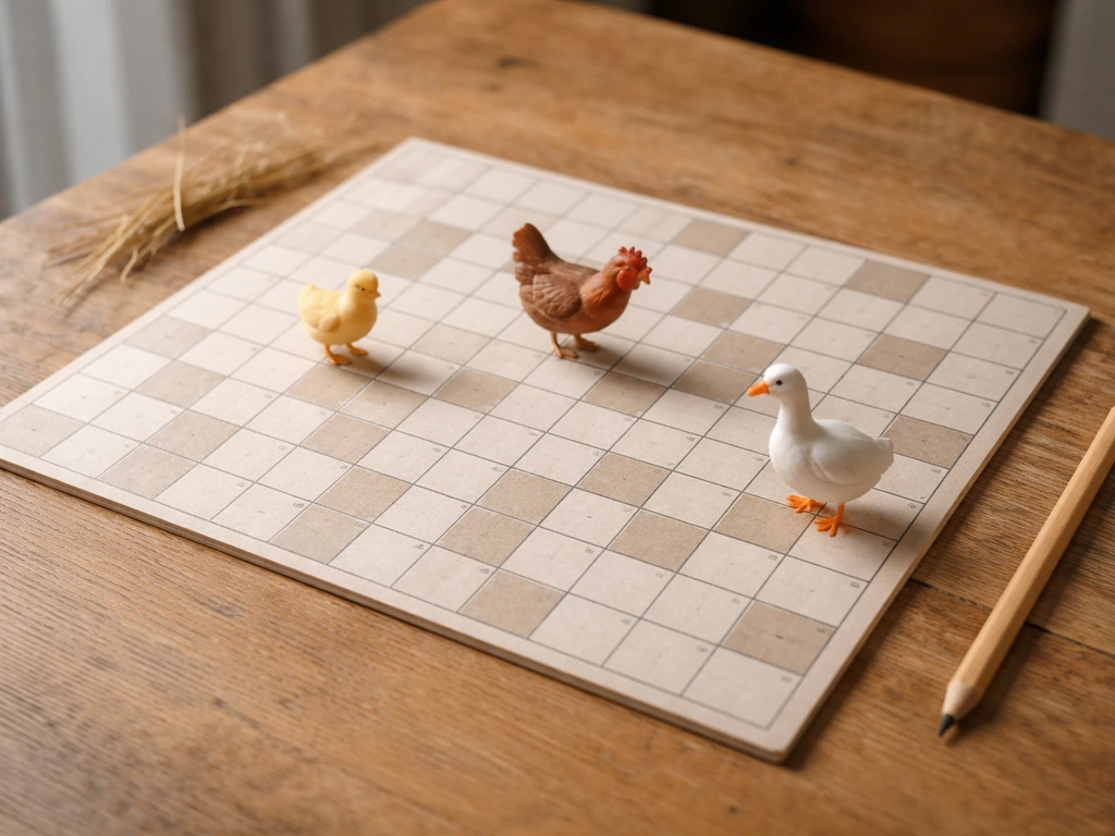 Minimal tabletop scene with a grid-like crossword board and small toy birds suggesting a generic farmyard bird term.