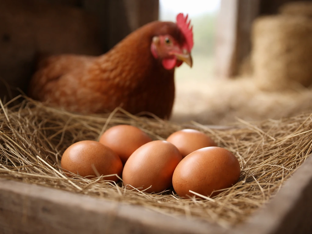 Brown farm eggs on straw near a hen in a quiet rural farmyard