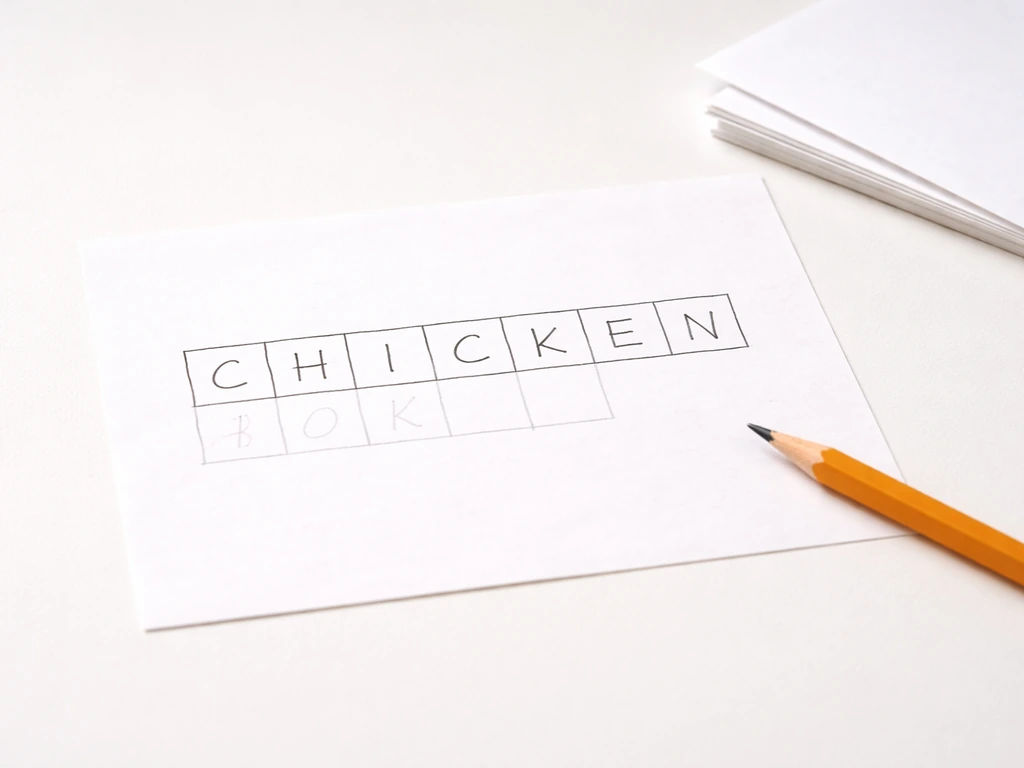 Minimal desk photo of a paper grid with seven letter cells spelling CHICKEN, pencil nearby.