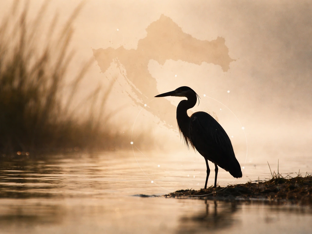 Minimal heron/shorebird silhouette against a subtle Croatian map backdrop, bird-identification hero image.