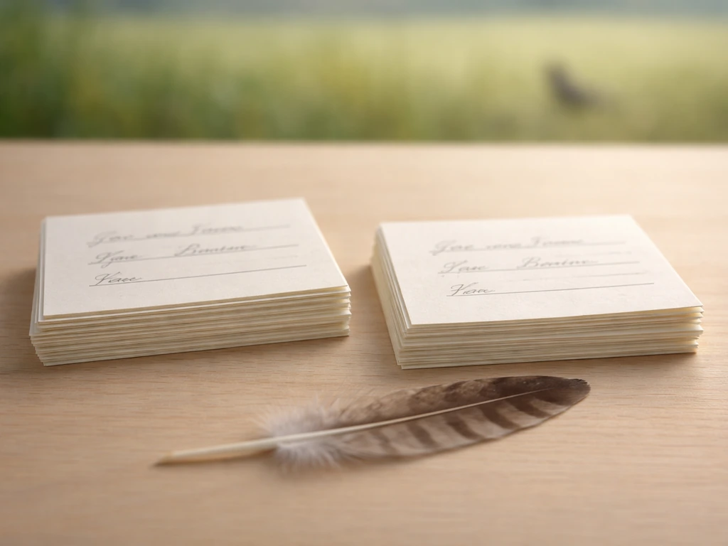 Minimal tabletop with index cards and a feather, hinting at Croatian and English bird name matches.