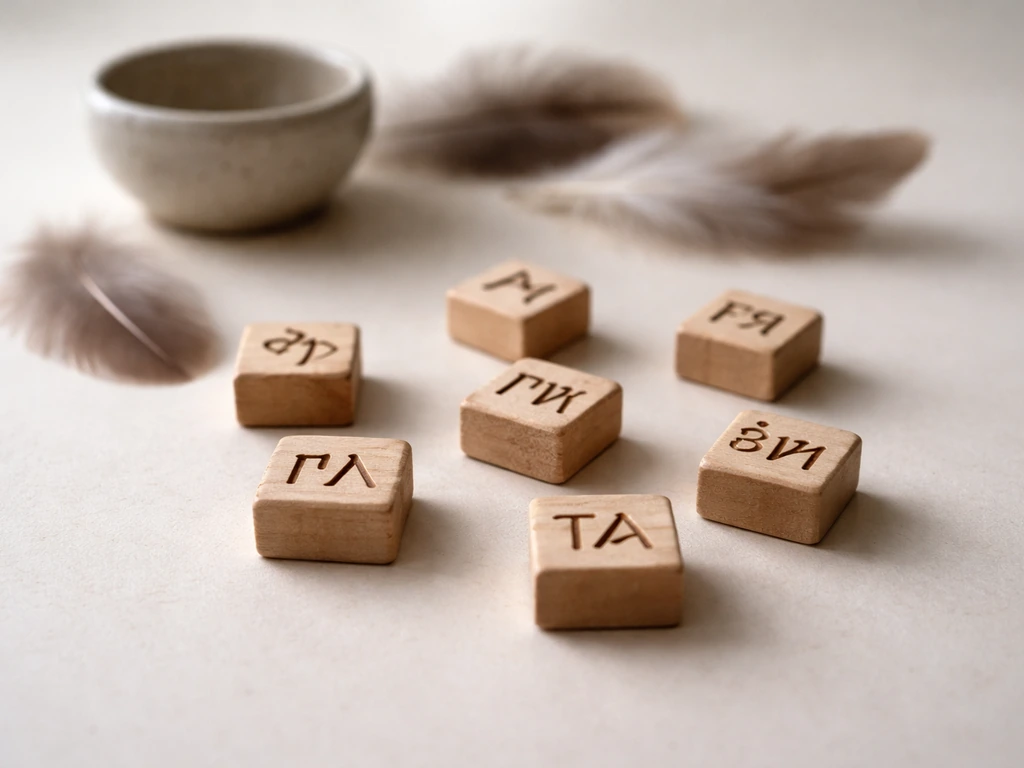 Minimal tabletop scene with wooden root-letter blocks and small feathers suggesting bird-name etymology.