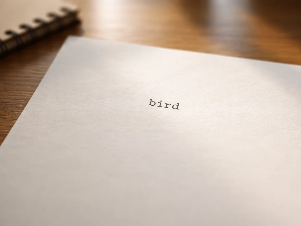 Close-up of a page showing the word “bird” typed clearly on paper under natural light.