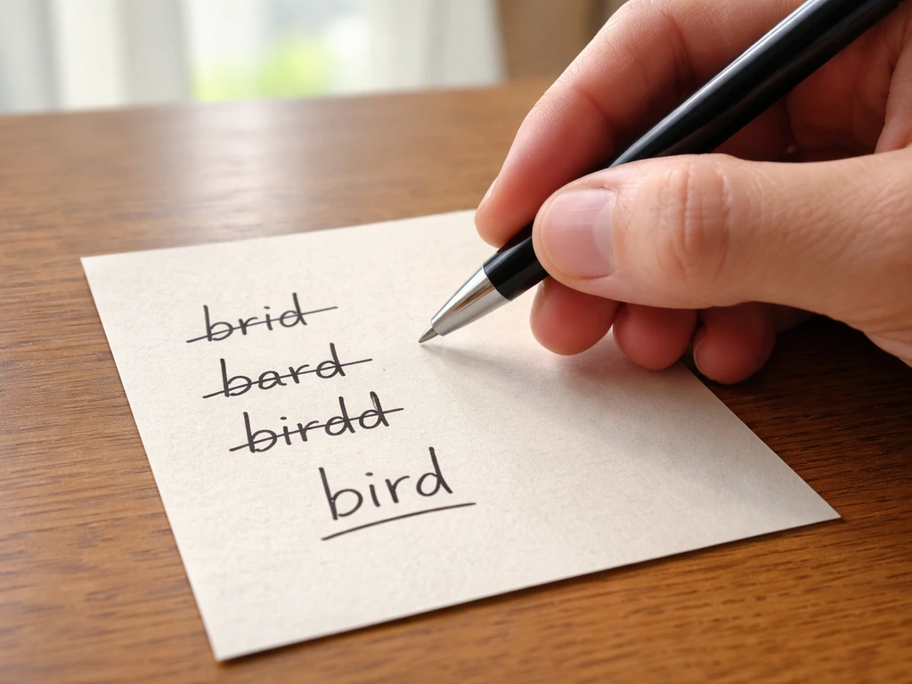 Close-up of a hand correcting a misspelled word on a scrap of paper with natural light