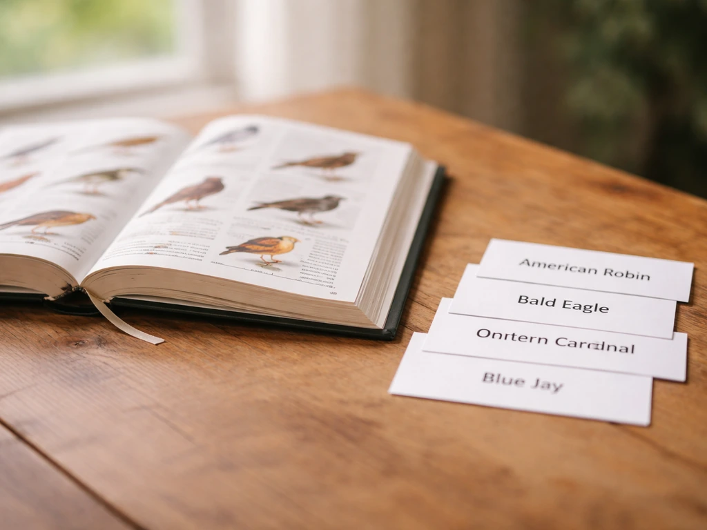Open bird field guide on a wooden table with neatly placed bird name cards.