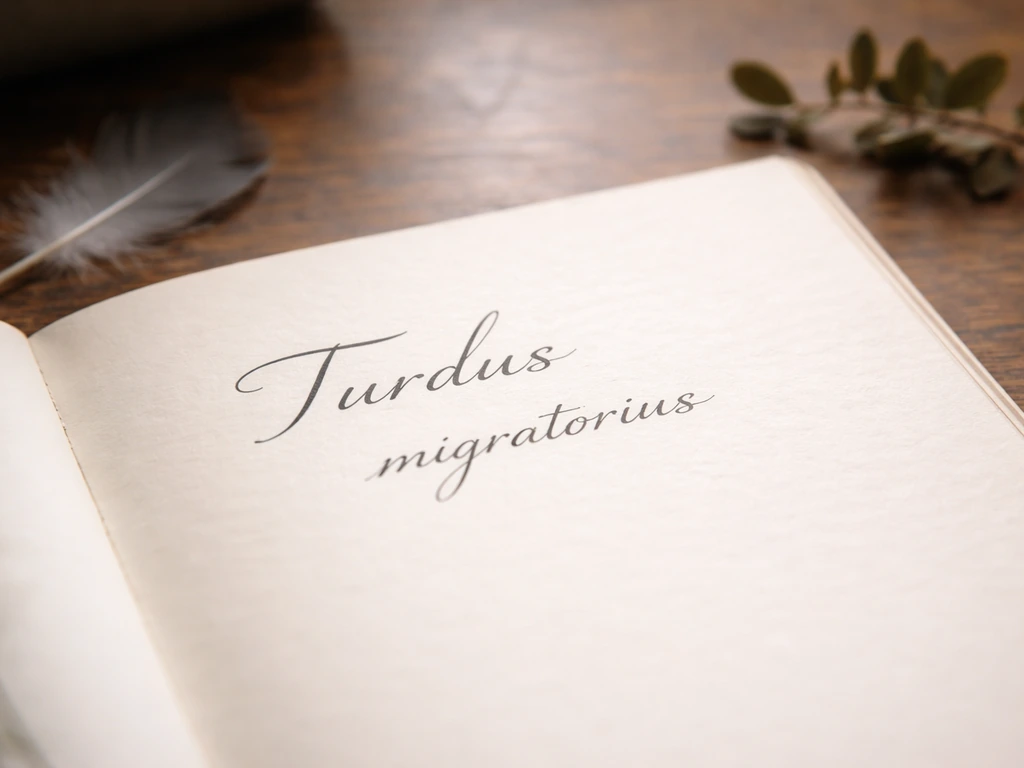 Close-up of a naturalist book on a desk showing the Latin binomial formatting Turdus migratorius.