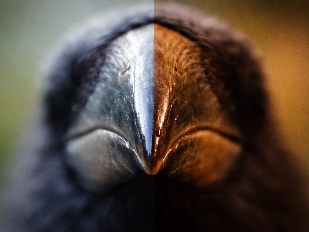 High-contrast macro photo of a bird beak texture, shallow depth of field, subtle split cue between organic and urban moo