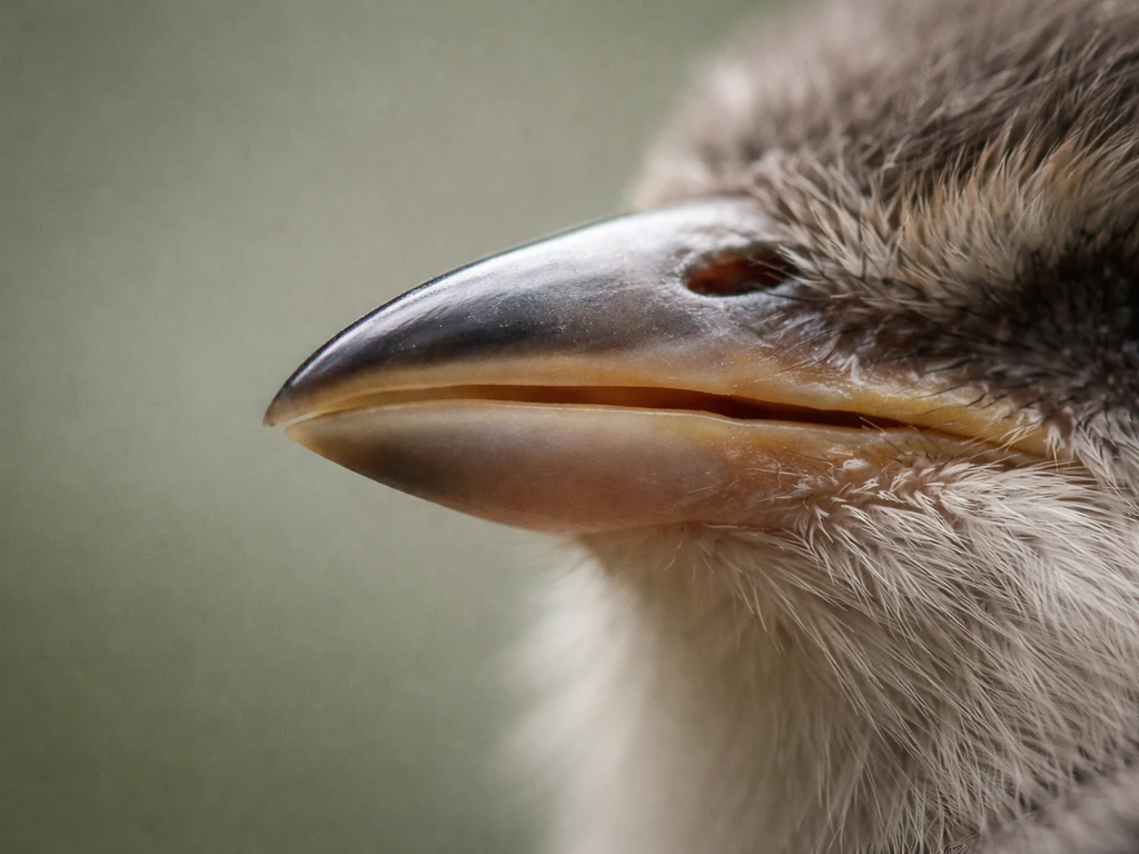 Close-up of a bird beak showing the top and bottom jaws in natural light