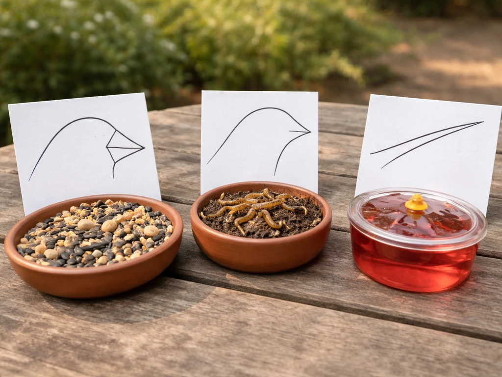 Three simple bird feeding stations on a table: seeds, insect probing, and nectar, with blank beak cue cards.