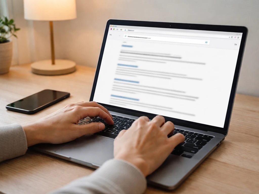 Hand typing a search URL on a laptop, Urban Dictionary-like results visible without readable text.