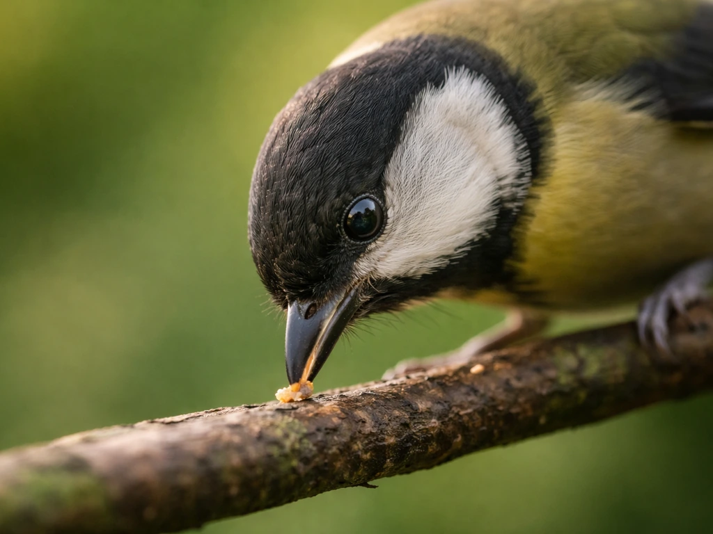 Close-up of a bird beak pecking at small food on a twig in natural light.