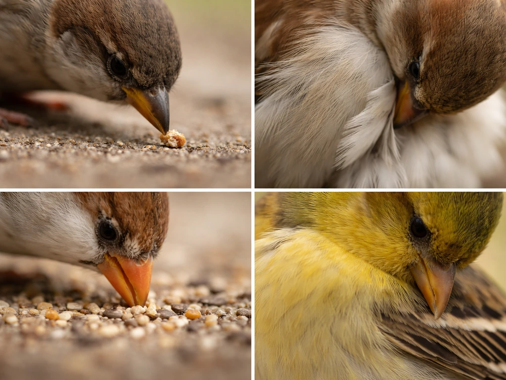 Four minimal photo swatches showing beak-like actions: pecking, preening, pecking into feed, and resting.