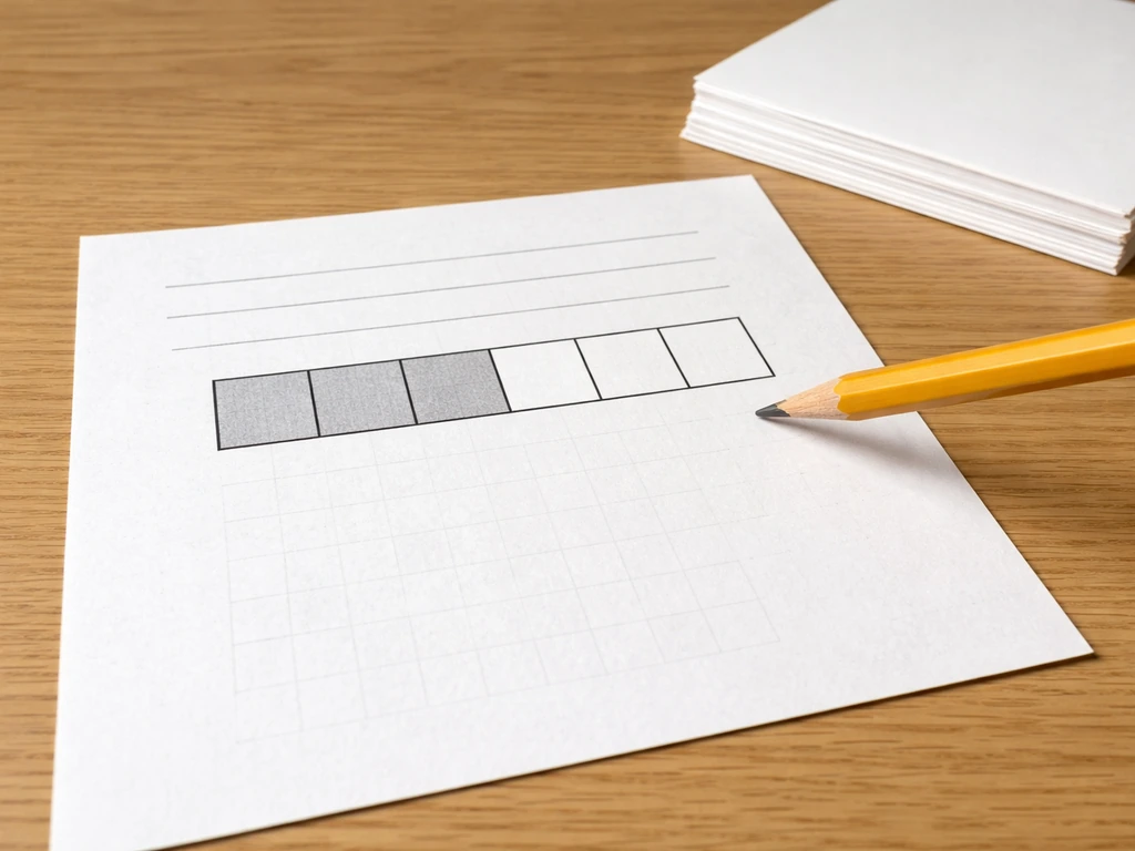 Top-down view of a pencil over a minimal crossword grid, focusing on counting four letter boxes.