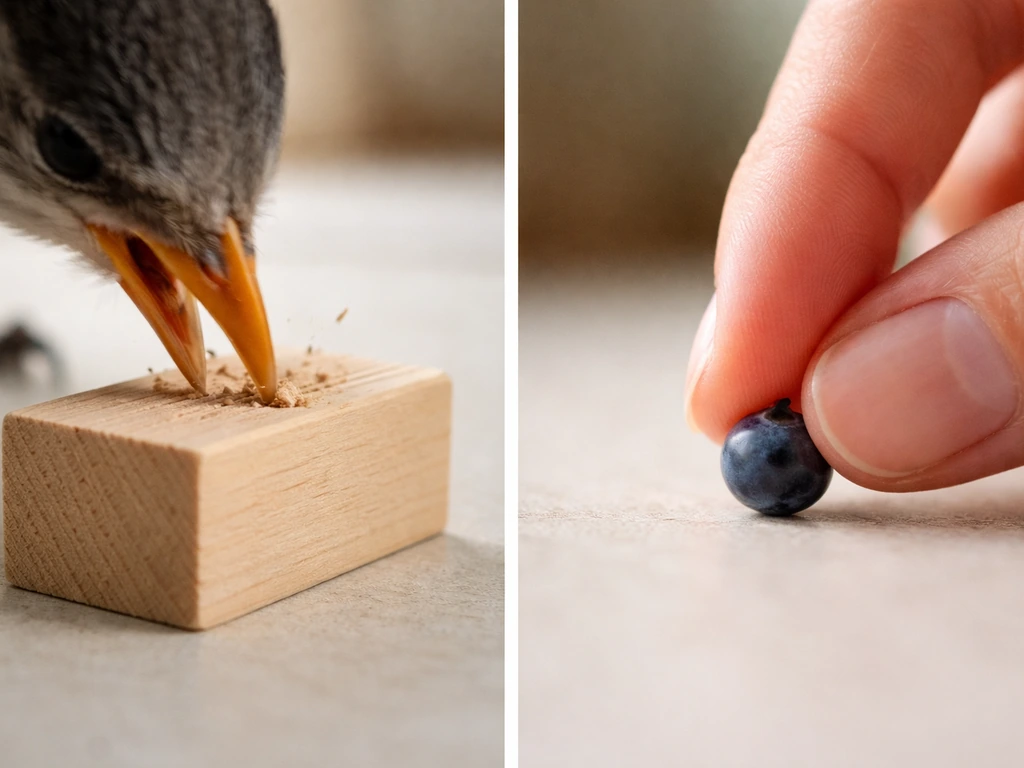 Split image showing a bird beak striking vs a fingertip picking an object, side by side.