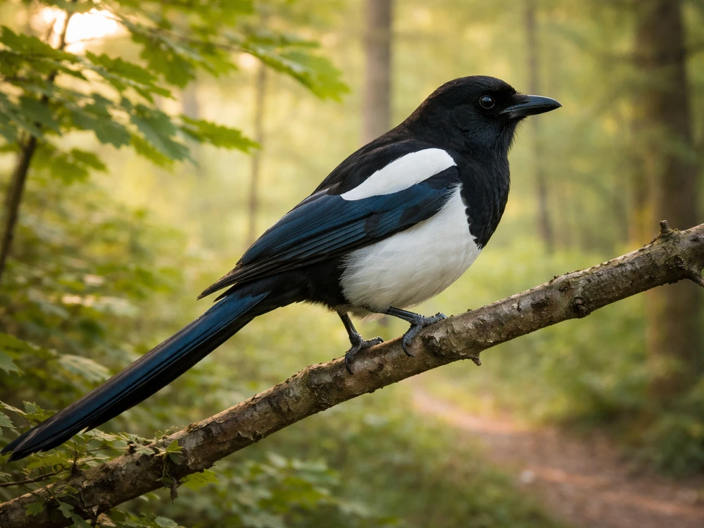 A real magpie perched on a branch in a natural woodland setting.
