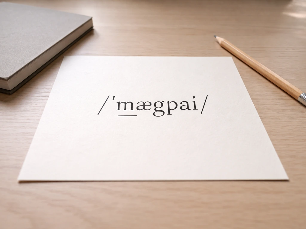 /ˈmæɡpaɪ/ IPA pronunciation shown with simple, labeled phonetic cues in a clean desk scene