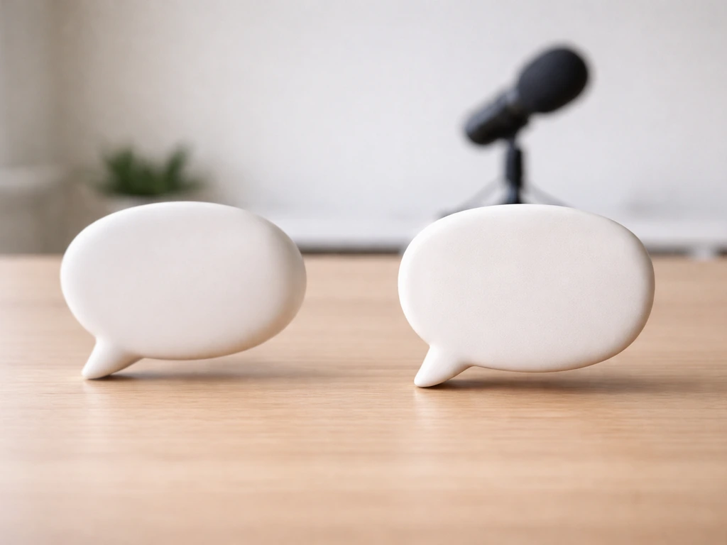 Two speech-bubble objects on a light wood desk showing blurred vs crisp emphasis for wrong vs correct stress.