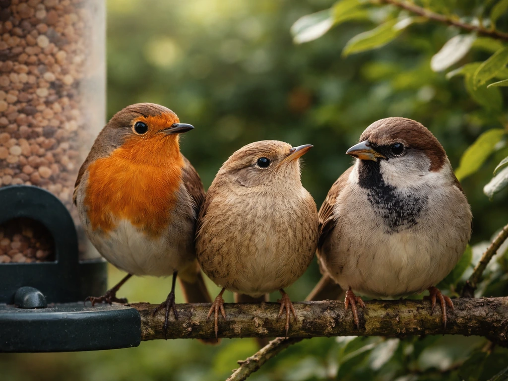 Three common garden birds perched near a bird feeder and leafy bush in soft natural light.