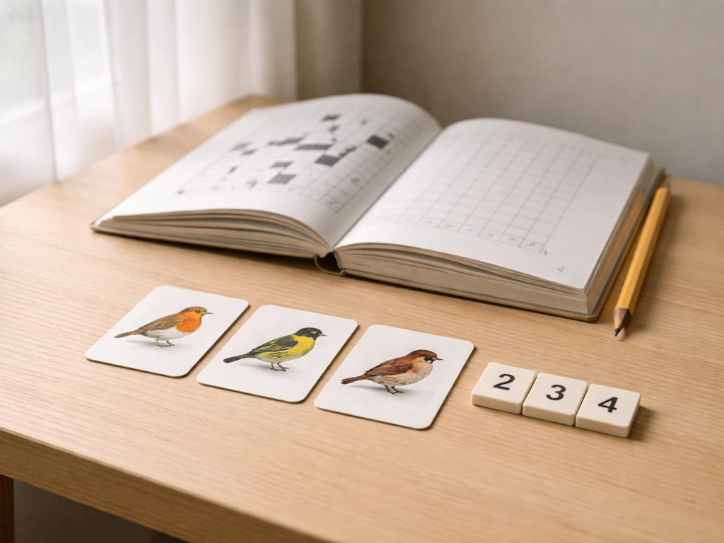 Wooden desk with bird-themed cards and numbered tiles beside an open crossword book, no text visible.