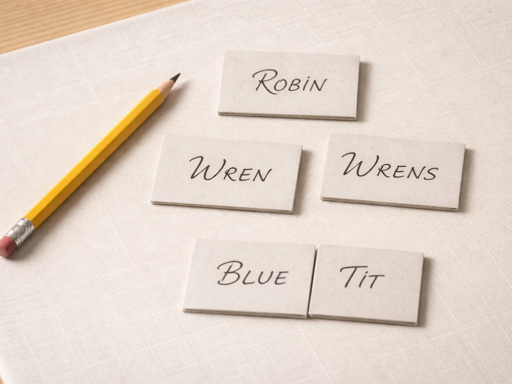 Close-up of a pencil and bird-themed word tiles showing singular vs plural forms, with a two-word bird name.