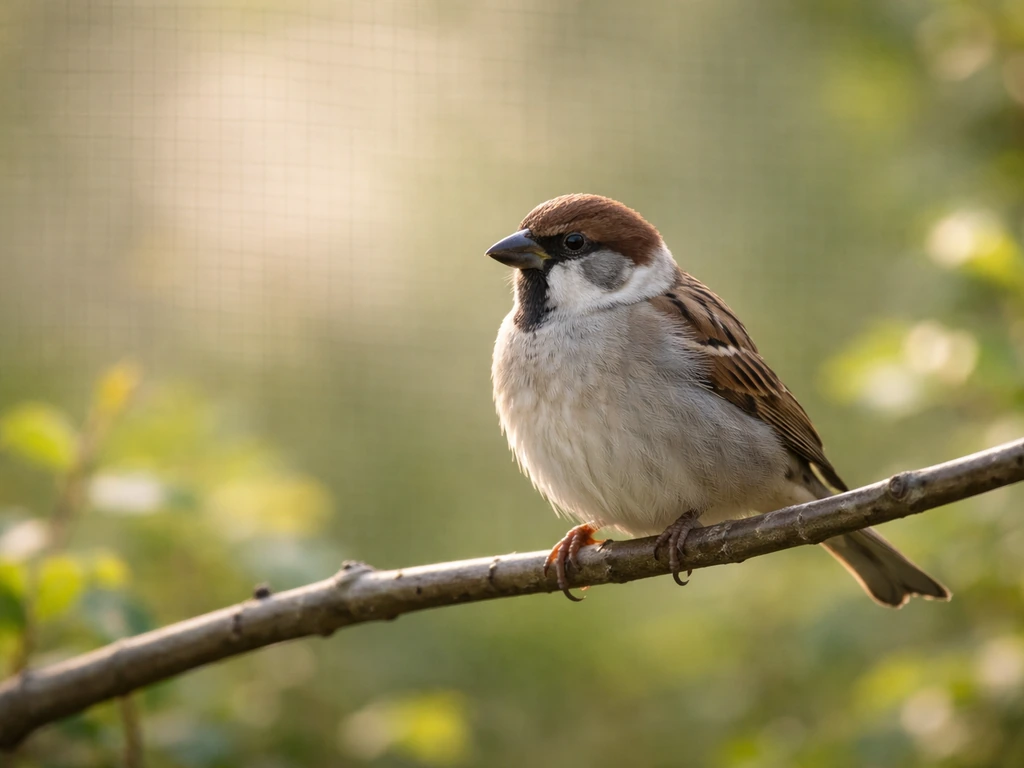 A small European sparrow perched outdoors with a subtle crossword-like grid texture in the background