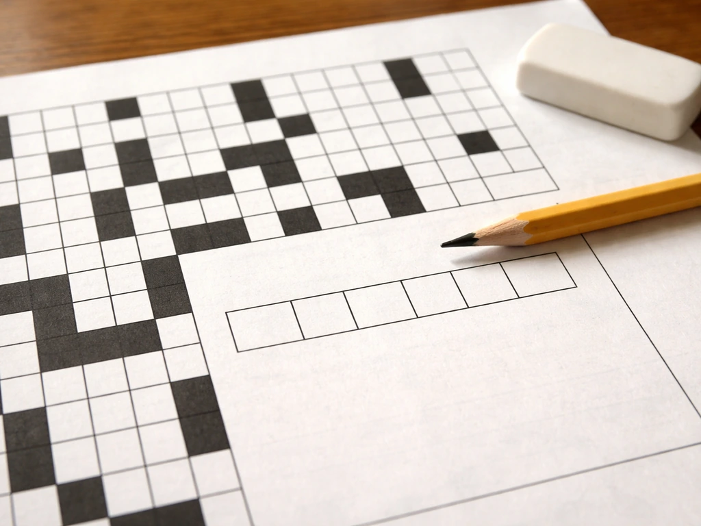 Close-up of a crossword puzzle sheet with an uncluttered clue area and marked answer spaces
