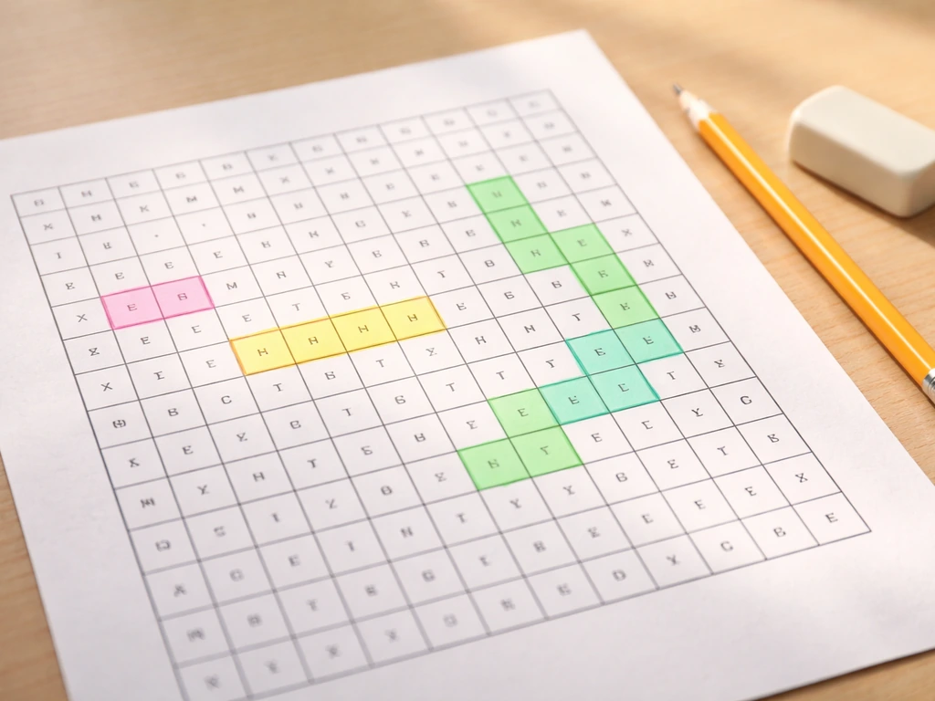 Close-up of a handheld puzzle sheet with a simple grid and highlighted letter squares for word-length matching.