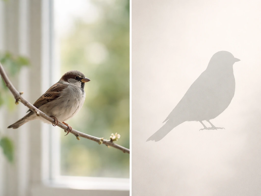 A small common bird perched near a window beside a more formal bird silhouette to suggest “pájaro” vs “ave”.