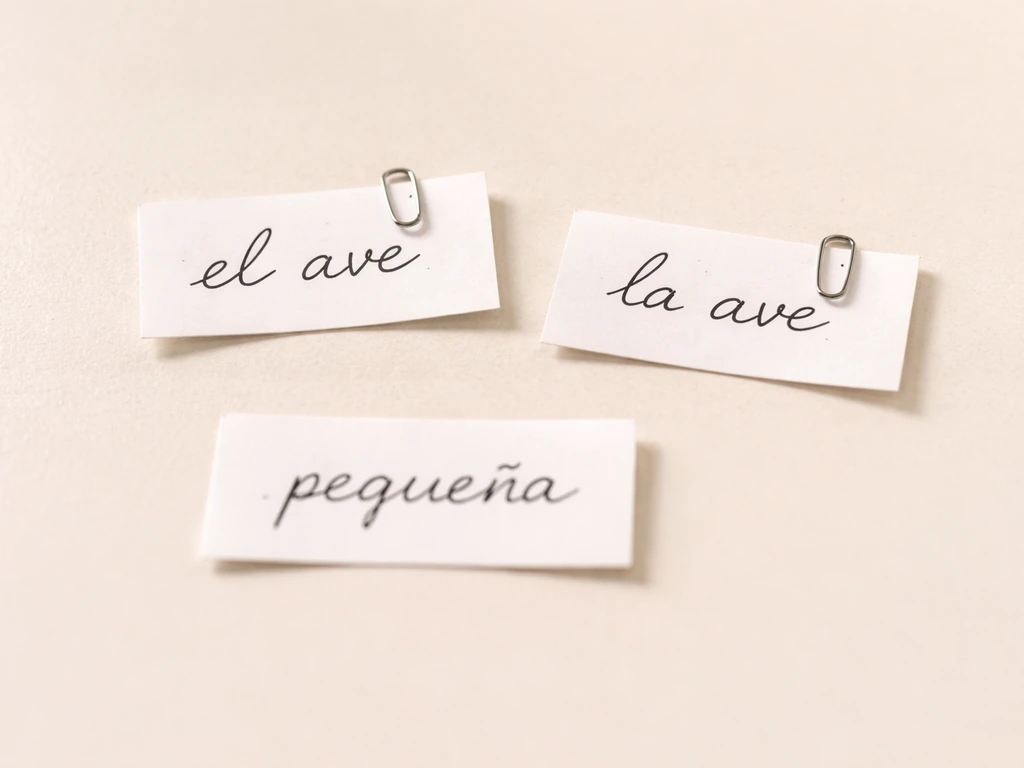 Close-up of handwritten “el ave” and “pequeña” slips on a minimal desk surface.
