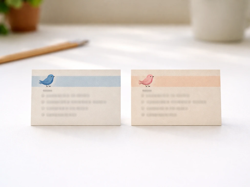Two simple sentence tiles on a desk: a blue bird in masculine and feminine Spanish examples