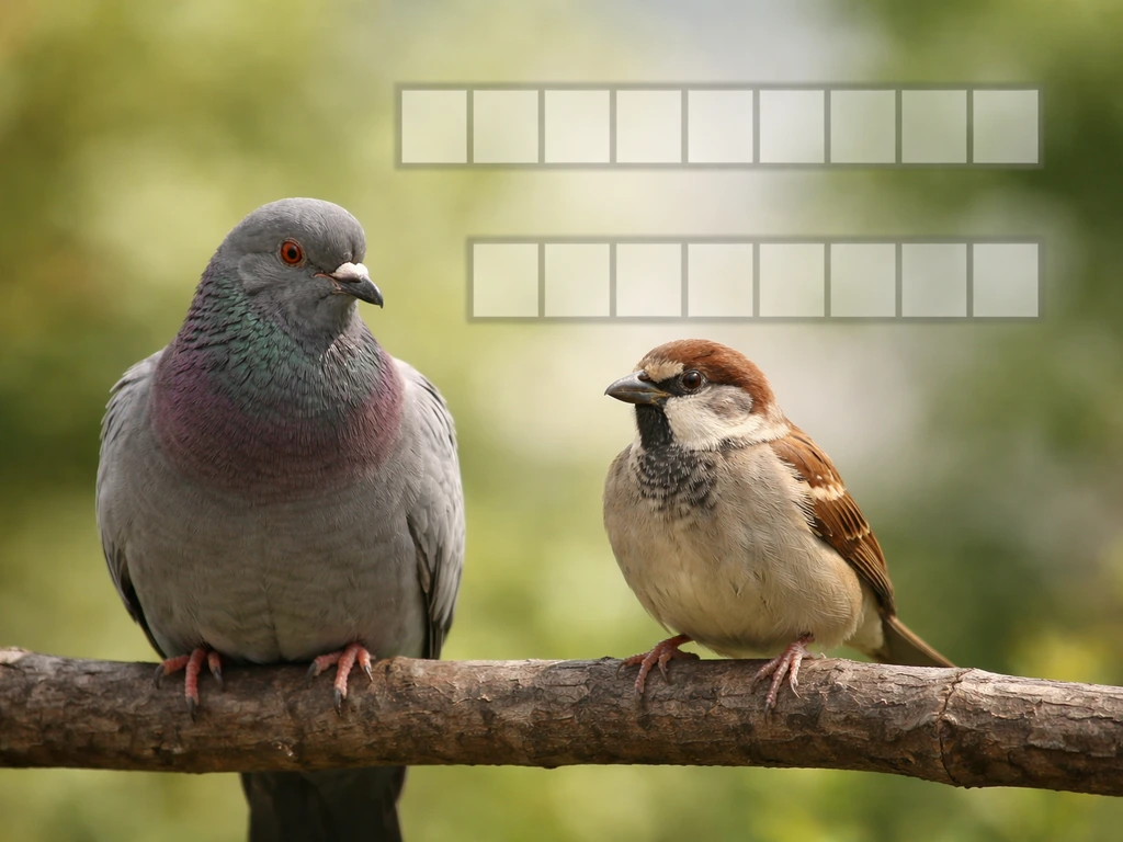 Two small birds on a branch with a soft crossword-style grid backdrop behind them for 6 and 7 letters.