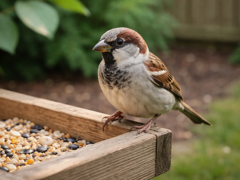 A close-up sparrow perched on a bird feeder in a UK garden with soft greenery in the background.