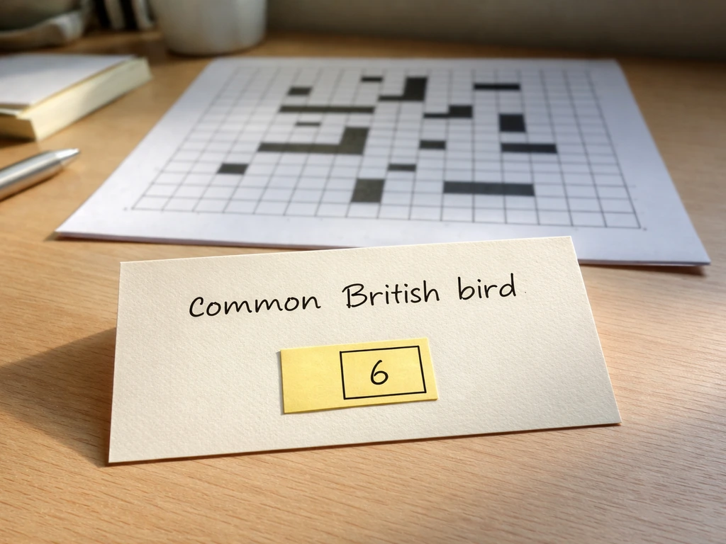 Close-up of a crossword clue on a desk with the answer length number highlighted, no people present.