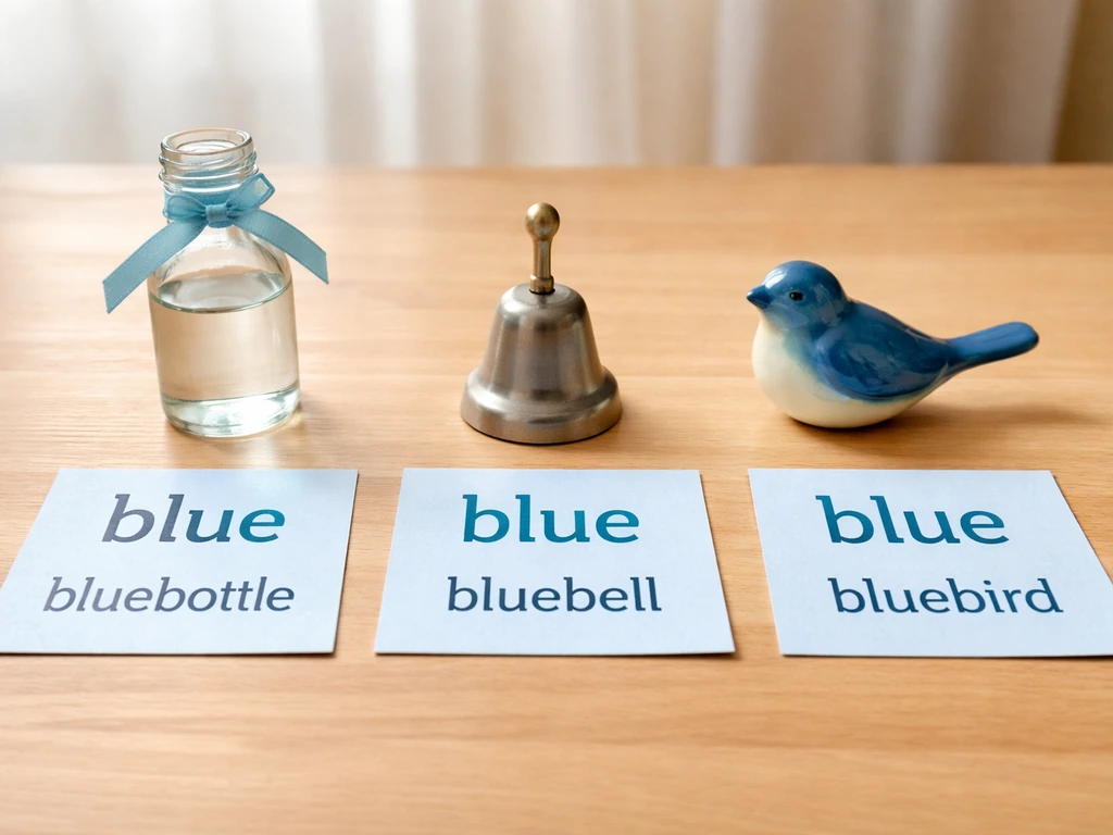 Minimal tabletop scene showing bluebottle, bluebell, and bluebird formed from a shared blue prefix.