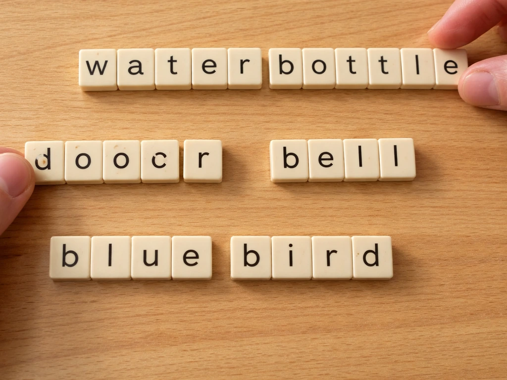 Three word tiles on a wooden table as a prefix is slid in front of each to form compounds.