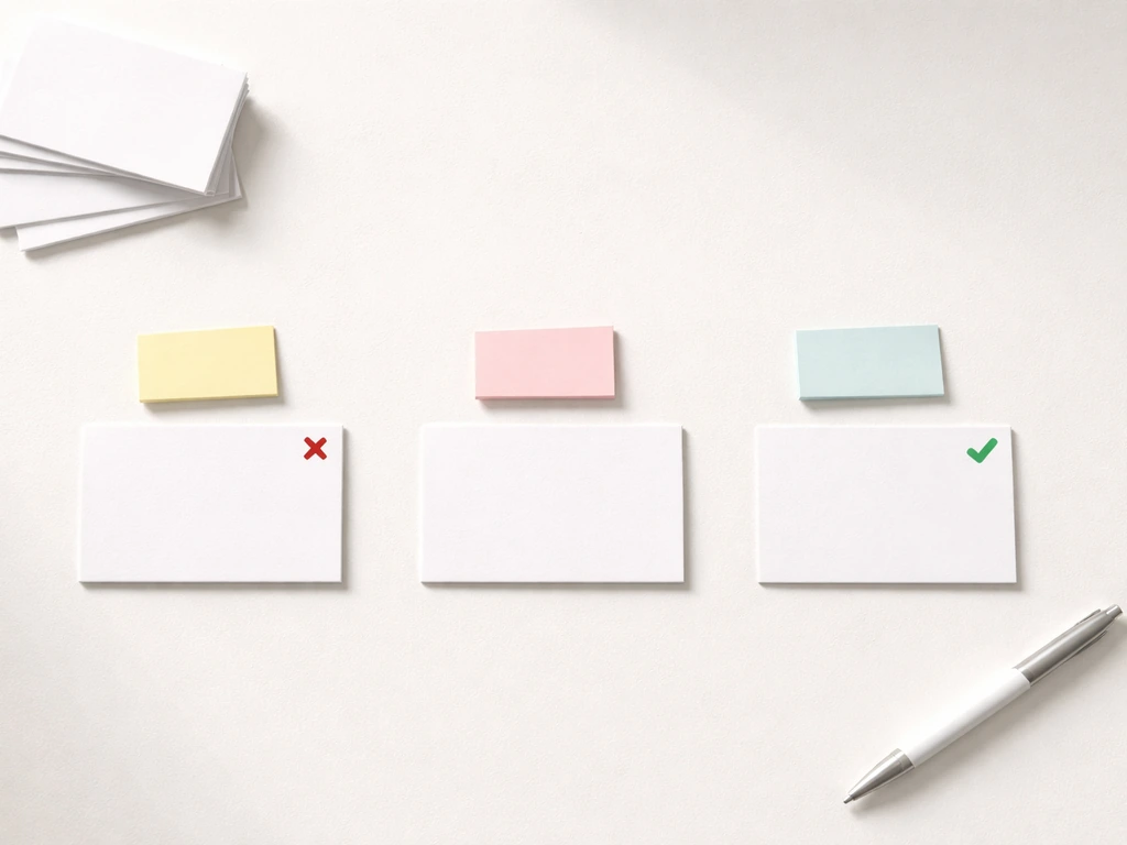 Top-down tabletop with blank word-attempt cards and green check/red cross stickers indicating valid vs invalid.