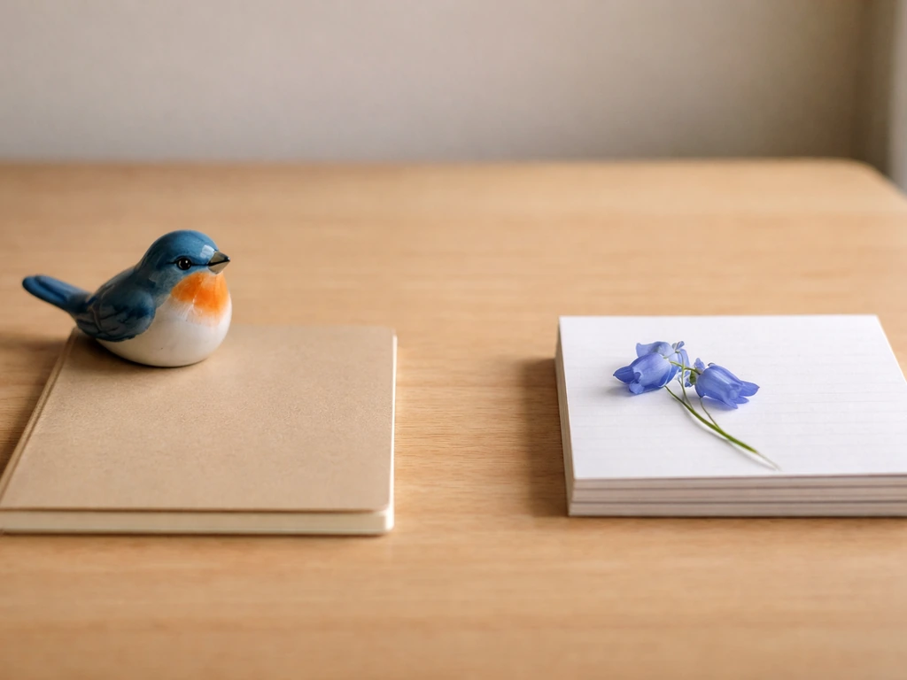 Minimal desk scene with a bluebird-shaped ceramic beside a flower bell and a separate “lookup” notebook
