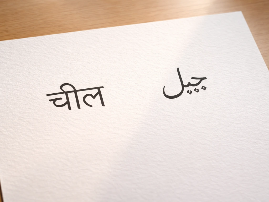 Side-by-side close-up of handwritten-style Hindi चील and Urdu چیل on plain paper, soft shadows.
