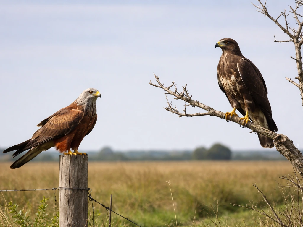 Two birds of prey perched outdoors—one kite-like and one eagle-like—suggesting name ambiguity.