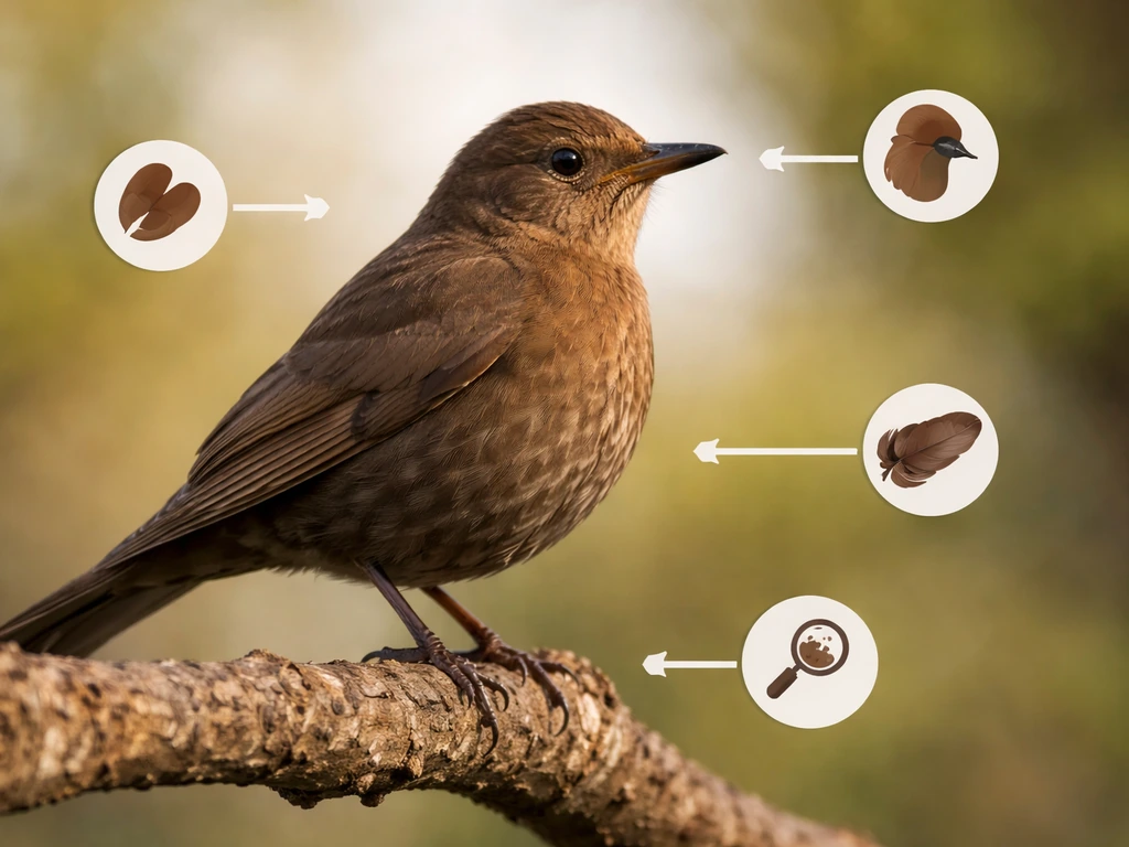 Close-up of a brown bird perched outdoors with a simple checklist-like layout using small icons only.