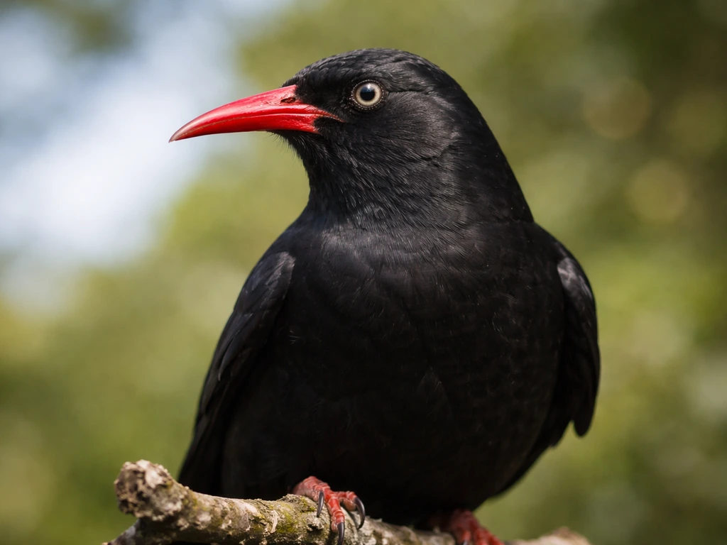 Close-up of a glossy black chough with a vivid red bill perched against a natural outdoor background.