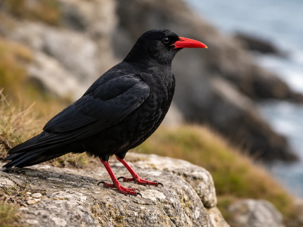 A wild chough perched on a rocky ledge, glossy black feathers and a vivid red bill.