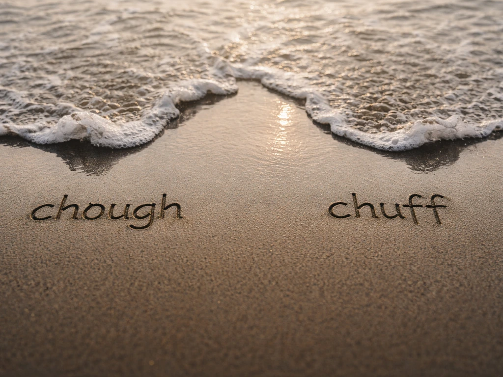 Close-up of two small tide-waves labeled “chough” and “chuff” in sand, showing their similar sound visually.