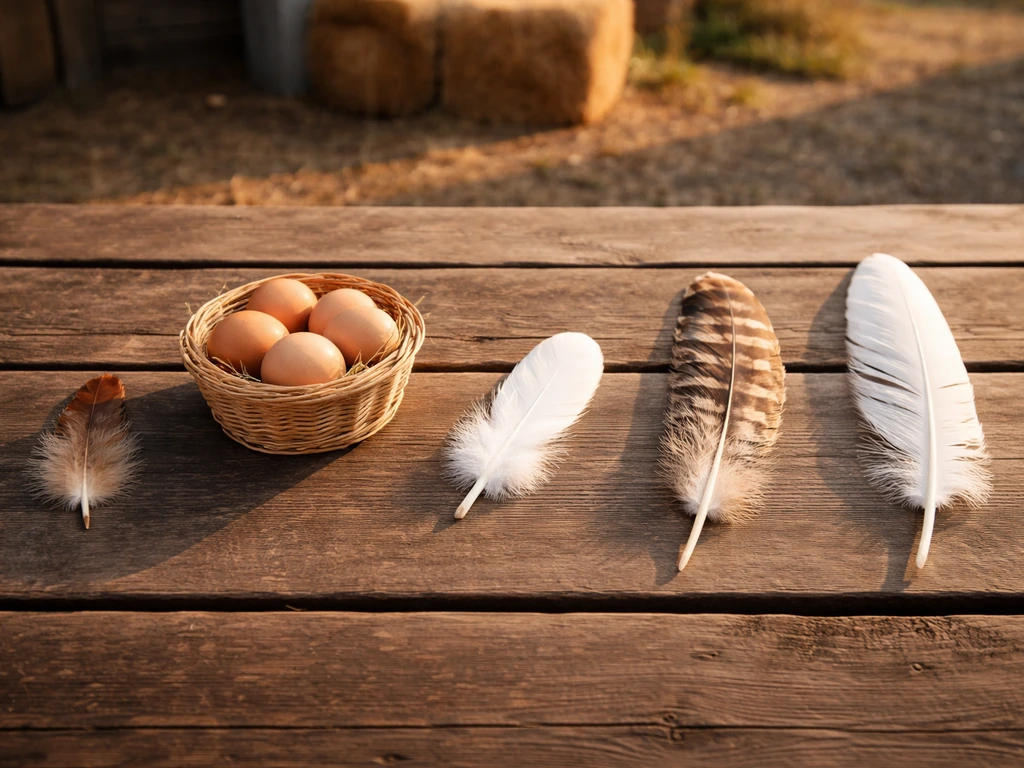 Outdoor farmyard table with arranged poultry feathers and eggs in soft morning light
