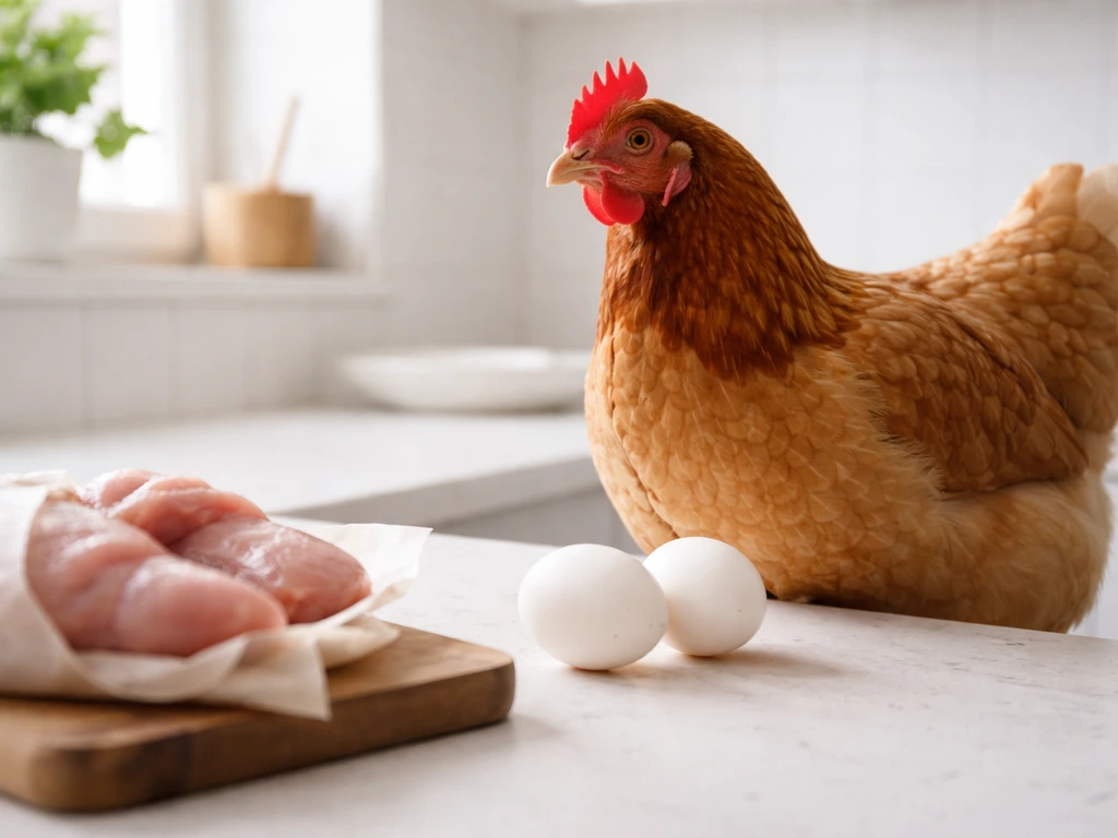 Close-up of a hen with blurred eggs and a few raw poultry pieces to contrast bird terms and clue meanings.