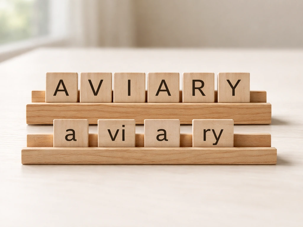 Wooden letter tiles arranged to show AVIARY letters and syllable grouping on a neutral table.