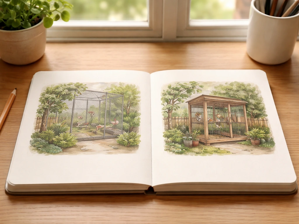 Minimal desk scene with two closed notebook pages, one showing an outdoor bird aviary scene and one showing a backyard p