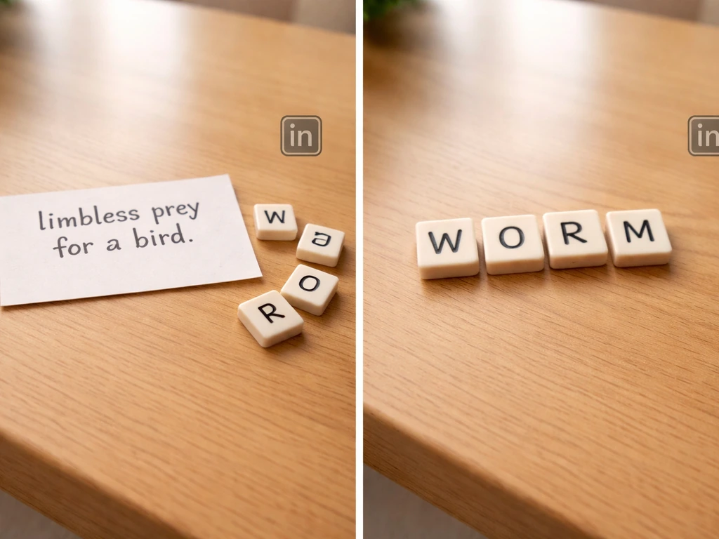 Wood desk with a clue card morphing into four letter tiles spelling WORM with a small LinkedIn hint icon.