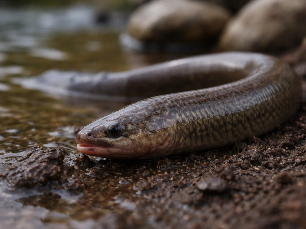 Close-up of a limbless eel-like worm emerging from wet soil near shallow water.